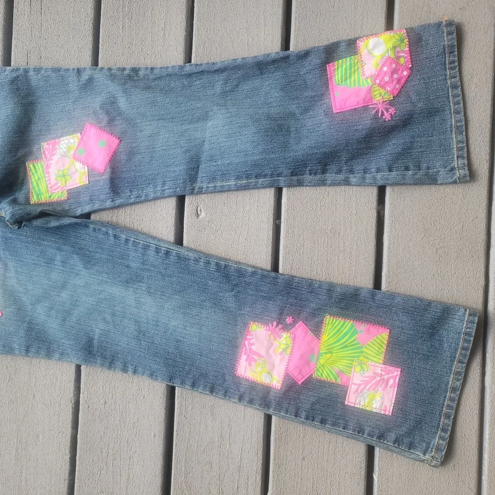 RARE Lilly Pulitzer Little Girl's Fabric Patchwork Embroidered Jeans 14 EUC